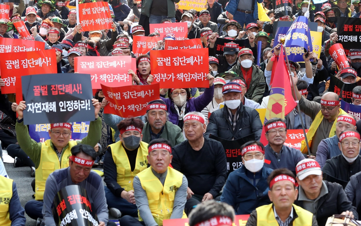 ▲양봉농가 생존권 사수 대정부 투쟁위원회가 세종시 정부세종청사 농림축산식품부 앞에서 꿀벌 집단폐사 관련 정부차원 실태조사와 지원대책 마련을 촉구하고 있다.  (뉴시스)
