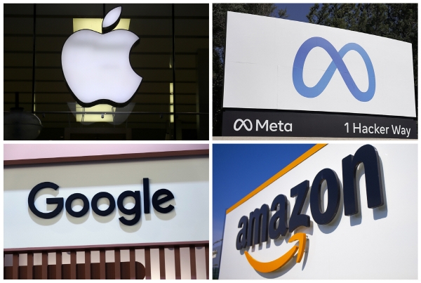 ▲미국을 대표하는 빅테크 기업들 로고가 보인다. 맨 위 왼쪽부터 애플, 메타, 구글, 아마존. 출처 AP뉴시스
