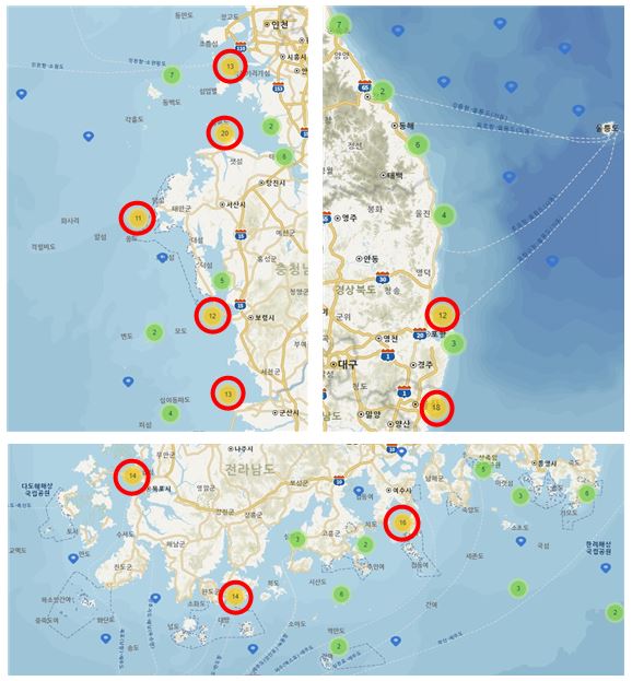 ▲최근 5년간 5월 기준 기관손상 사고 GIS 분석 결과 지도. (사진제공=해양교통안전공단)