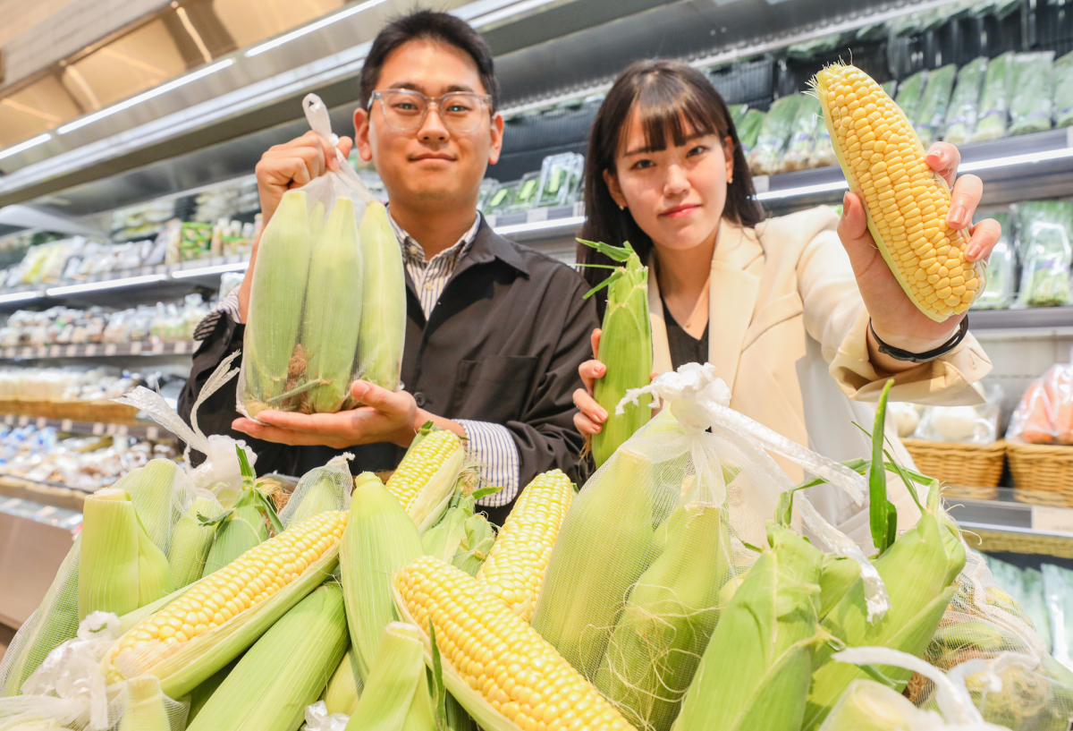 ▲7일 오전 서울 영등포구 더현대 서울 지하 1층 식품관에서 직원들이 올해 첫 수확한 초당옥수수를 소개하고 있다.
 (사진제공=현대백화점그룹)