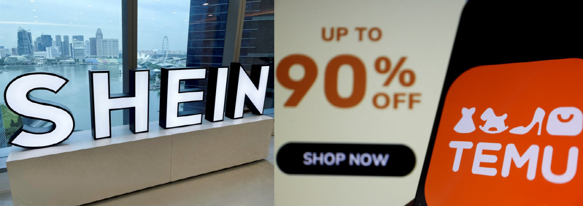 ▲중국 전자상거래 기업 쉬인(왼쪽)과 테무 기업 로고. 로이터연합뉴스