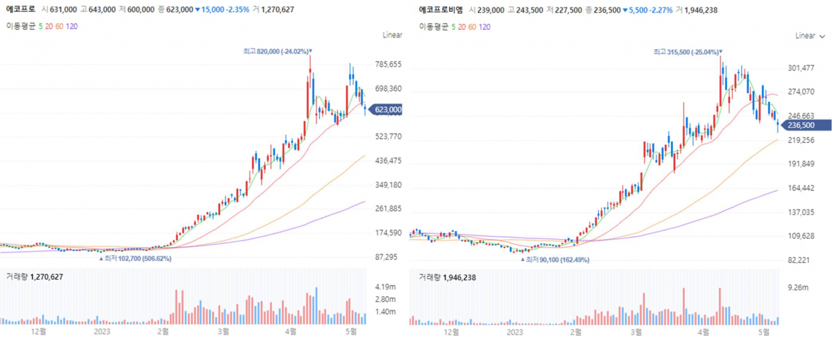 ▲에코프로, 에코프로비엠 차트 (출처=네이버 증권)