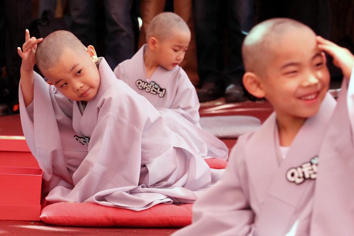 ▲9일 오후 서울 종로구 조계사 대웅전 앞마당에서 열린 동자승 단기출가 보리수 새싹학교 삭발 수계식에서 동자승들이 삭발을 한 뒤 머리를 만지고 있다. (뉴시스)

