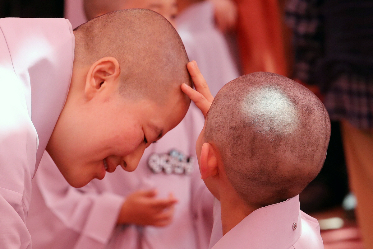 ▲9일 오후 서울 종로구 조계사 대웅전 앞마당에서 열린 동자승 단기출가 보리수 새싹학교 삭발 수계식에서 동자승이 삭발을 마친 뒤 스님의 머리를 만지고 있다. (뉴시스)

