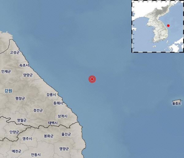 ▲15일 오전 6시 27분께 강원 동해시 북동쪽 52㎞ 해역에서 규모 4.5 지진이 발생했다. (출처=기상청 날씨누리 캡처)
