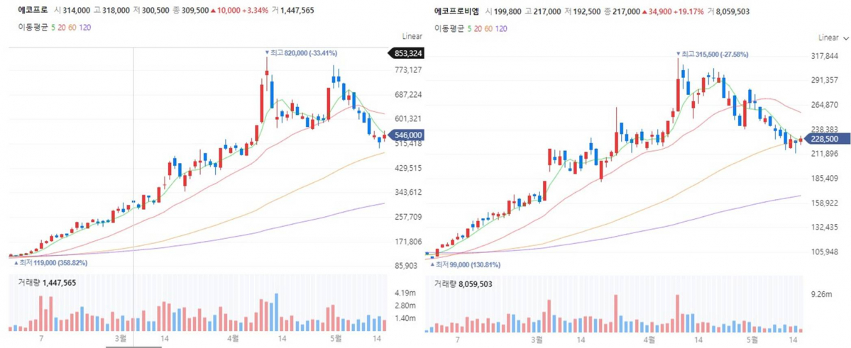 ▲에코프로·에코프로비엠 차트 (출처=네이버증권)