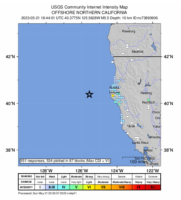▲21일(현지시간) 오전 11시 44분 미국 캘리포니아주 북부 해안에서 규모 5.5 지진이 발생했다. 출처 미국 지질조사국(USGS) 캡처.
