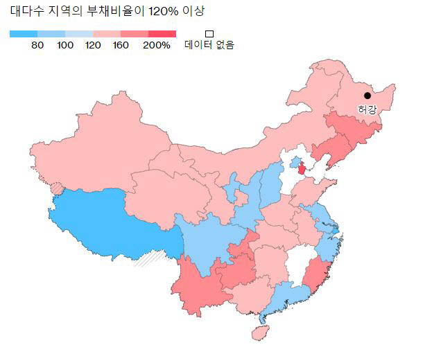 ▲중국 지방정부 부채비율. 단위 %. 출처 블룸버그
