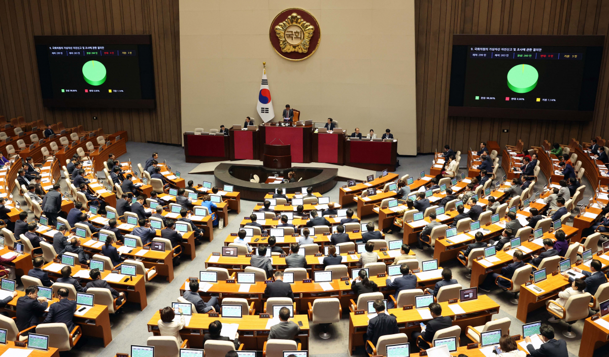 ▲25일 서울 여의도 국회에서 열린 제406회국회(임시회) 제1차 본회의에서 국회의원의 가상자산 자진신고 및 조사에 관한 결의안이 통과되고 있다. 신태현 기자 holjjak@