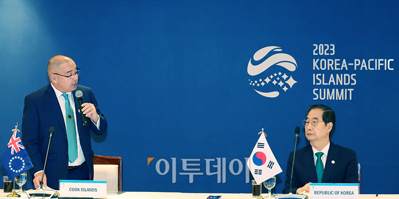 ▲마크 브라운 쿡제도 총리가 29일 서울 중구 롯데호텔 사파이어볼룸에서 열린 태평양도서국 정상 환영오찬에서 한덕수 총리의 오찬사에 대한 답사를 하고 있다. 고이란 기자 photoeran@