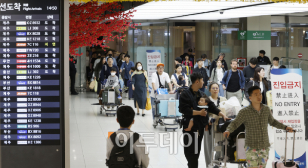 ▲어린이날  연휴 마지막날인 7일 오후 서울 강서구 김포국제공항 국내선 청사에 여행을 마친 이용객들이 도착하고 있다. 조현호 기자 hyunho@