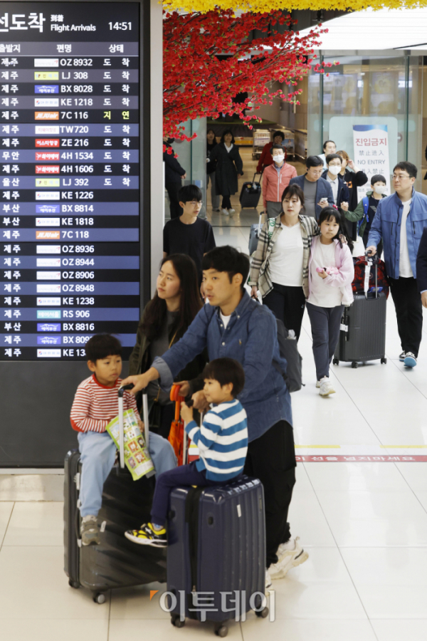 ▲어린이날  연휴 마지막날인 7일 오후 서울 강서구 김포국제공항 국내선 청사에 여행을 마친 이용객들이 도착하고 있다. 조현호 기자 hyunho@