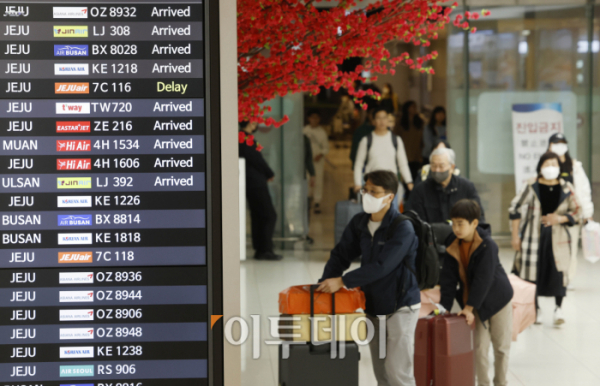 ▲어린이날  연휴 마지막날인 7일 오후 서울 강서구 김포국제공항 국내선 청사에 여행을 마친 이용객들이 도착하고 있다. 조현호 기자 hyunho@