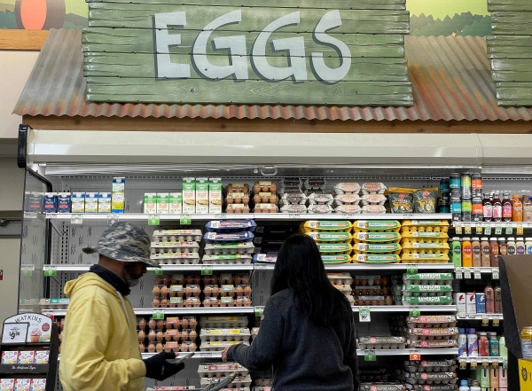 ▲소비자들이 4월 12일 미국 캘리포니아 산 라파엘에 있는 식료품점에서 계란을 사고 있다. 산 라파엘(미국)/AFP연합뉴스
