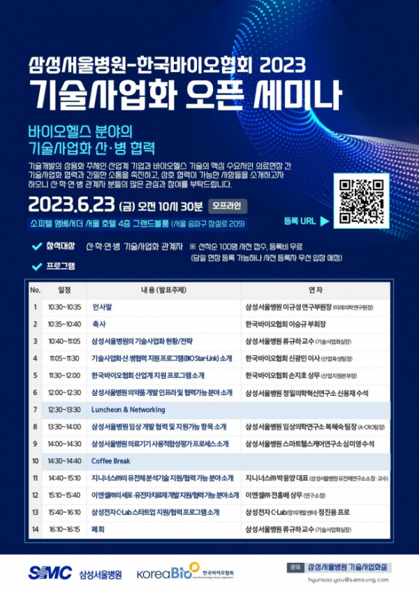 ▲한국바이오협회가 삼성서울병원과 기술사업화 오픈 세미나를 개최한다.  (사진제공=한국바이오협회)