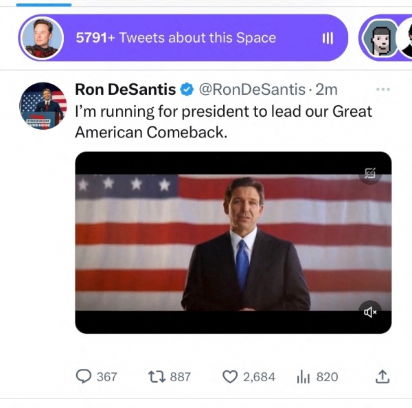 ▲24일(현지시간) 론 디샌티스 미국 플로리다 주지사의 트위터 계정에 그의 2024년 대선 출마 선언 발표 영상이 올려져 있다. AFP연합뉴스 
