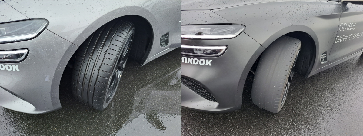 ▲정상 타이어(왼쪽)와 마모 타이어. 타이어가 마모될수록 접지력을 잃어 제동 능력이 저하된다. (이민재 기자 2mj@)