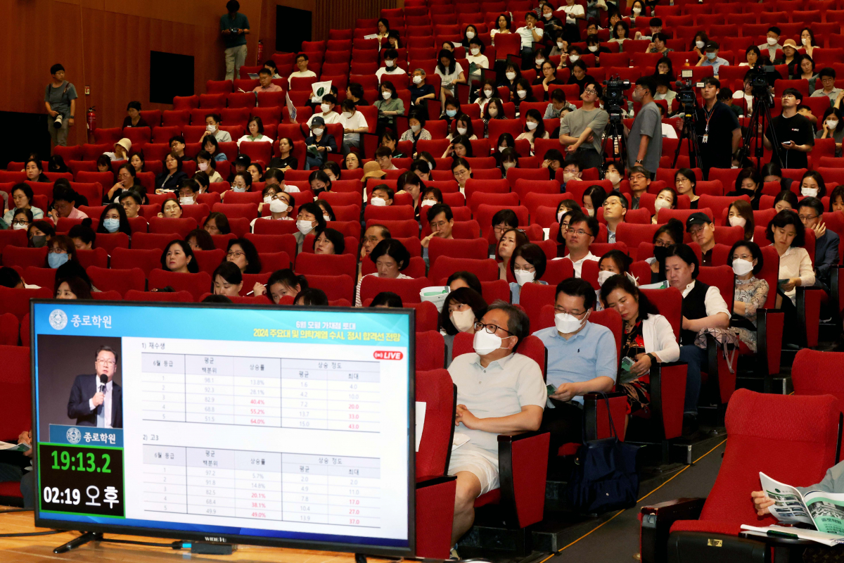 ▲4일 서울 종로구 성균관대에서 6월 전국연합학력평가(모평) 가채점 토대 종로학원 ‘2024 주요대 및 의학계열 수시, 정시 합격선 전망’ 입시설명회가 열리고 있다. 신태현 기자 holjjak@