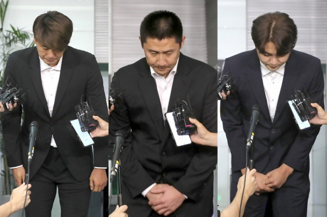 ▲일본에서 열린 2023 WBC 1라운드 기간에 음주를 해 상벌위에 회부된 김광현(SSG 랜더스), 이용찬(NC 다이노스), 정철원(두산 베어스)이 7일 서울 강남구 한국야구위원회(KBO)에서 열린 상벌위원회에 출석해 직접 소명을 마친 뒤 위원회를 나서고 있다. 뉴시스