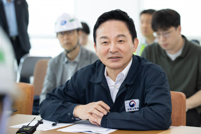 ▲원희룡 국토교통부 장관이 8일 서울 한 건설현장을 방문해 발언하고 있다. (사진제공=국토교통부)