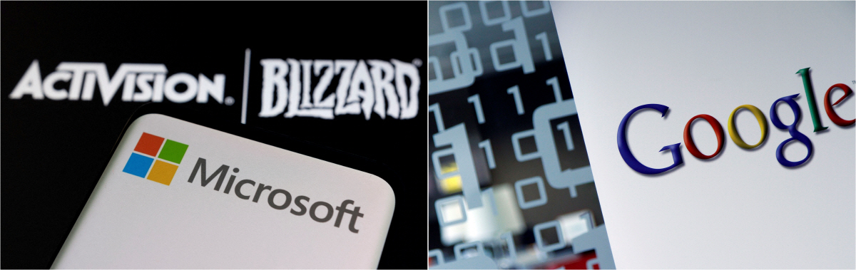 ▲액티비전블리자드와 마이크로소프트(MS)의 로고가 겹쳐 보이는 가운데 벨기에 브뤼셀에 있는 구글 유럽 사무실에 회사 로고가 보인다.로이터연합뉴스· AP뉴시스