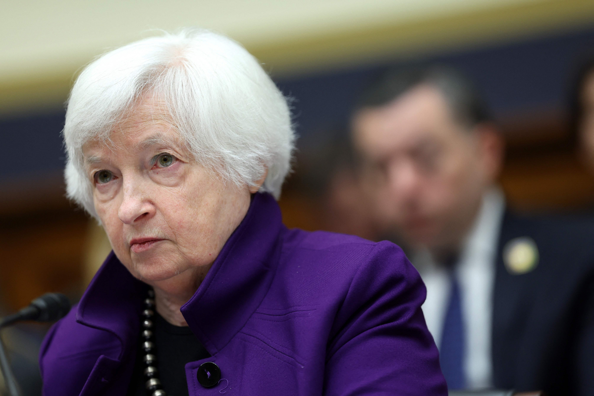 ▲재닛 옐런 미국 재무장관이 13일(현지시간) 하원 금융위원회 청문회에 출석해  증언하고 있다. 워싱턴D.C/AFP연합뉴스