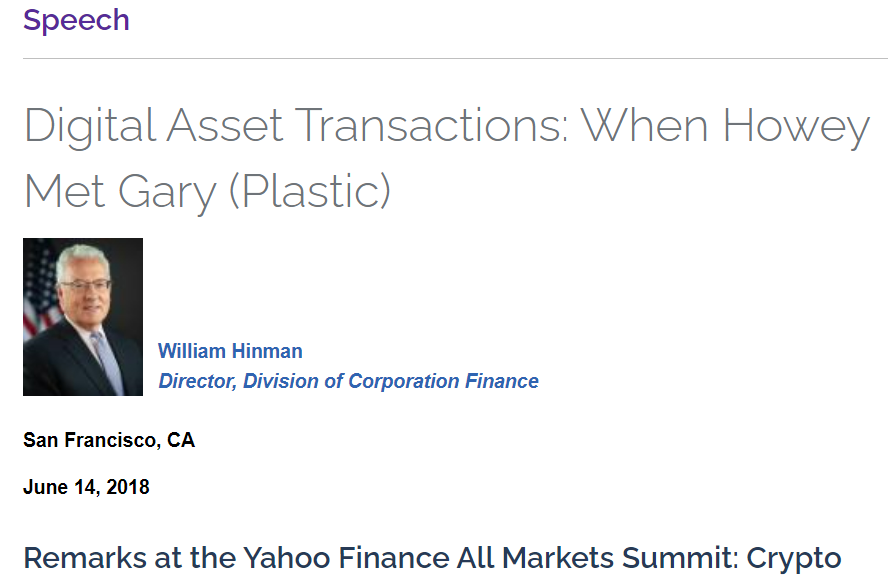 ▲미국 증권거래위원회(SEC)는 '힌먼 연설'로 알려진 윌리엄 힌먼 전 SEC 기업금융국장의 2018년 연설 내용을 13일(현지시각) 공개했다. (출처=미국 증권거래위원회(SEC) 홈페이지)