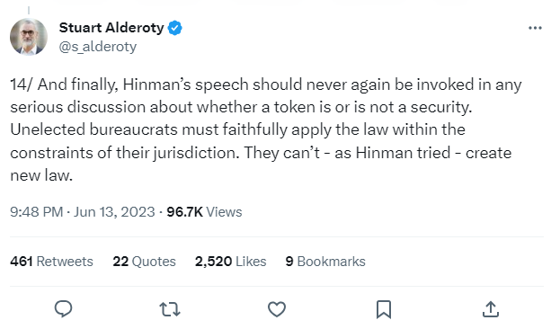 ▲스튜어트 알데로티 리플 CLO(최고법률책임자)는 자신의 트위터에 힌먼 연설에 대한 의견을 공유하며 "힌먼 연설은 가상자산 증권성 판단에서 다신 언급돼선 안 된다"고 비판했다. (출처=스튜어트 알데로티 리플 CLO 트위터)