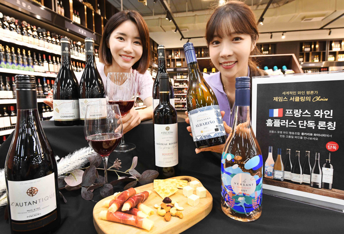 ▲15일 서울 등촌동 홈플러스 메가푸드마켓 강서점에서 모델이 세계적인 와인 평론가 제임스 서클링으로부터 90점 이상을 받은 프랑스 직수입 와인을 선보이고 있다. (사진제공=홈플러스)