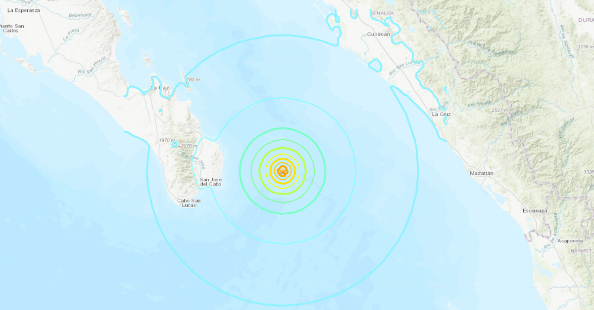 ▲미국 캘리포니아만에서 일어난 지진 위치가 지도에 표시되고 있다. 출처 USGS