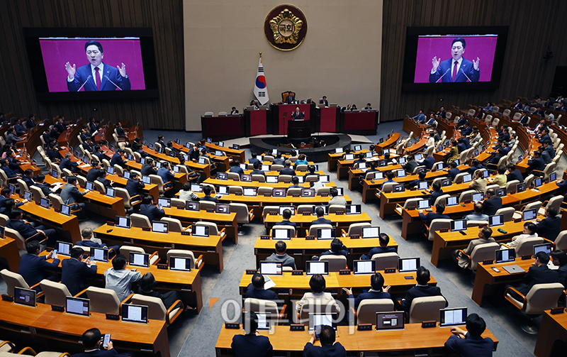 ▲김기현 국민의힘 대표가 20일 서울 여의도 국회 본회의장에서 교섭단체 대표연설을 하고 있다. 고이란 기자 photoeran@