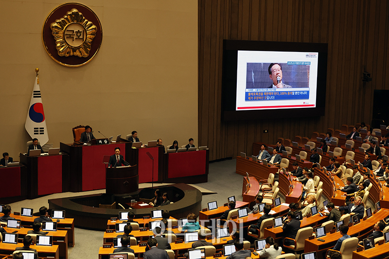 ▲김기현 국민의힘 대표가 20일 서울 여의도 국회 본회의장에서 교섭단체 대표연설을 하고 있다. 고이란 기자 photoeran@
