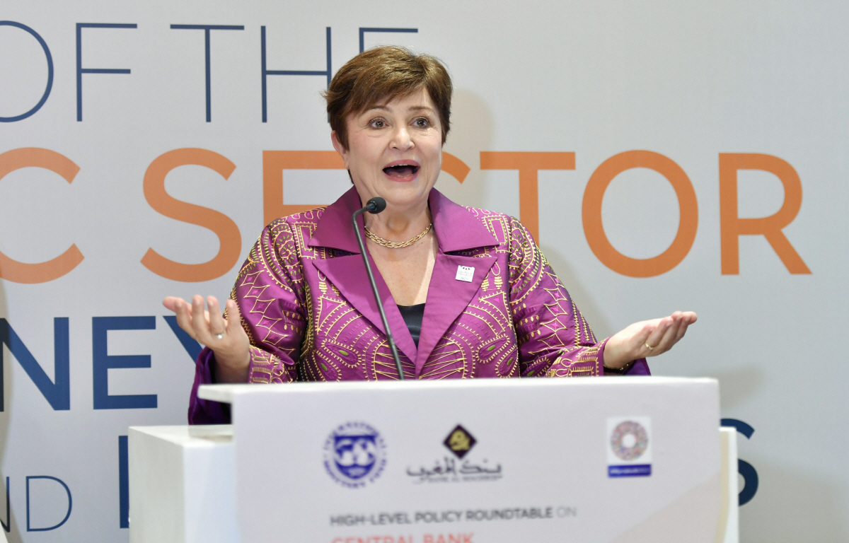 ▲크리스탈리나 게오르기에바 국제통화기금(IMF) 총재가 19일(현지시간) 모로코 라바트에서 열린 아프리카 중앙은행 회의에서 발언하고 있다. 라바트/EPA연합뉴스