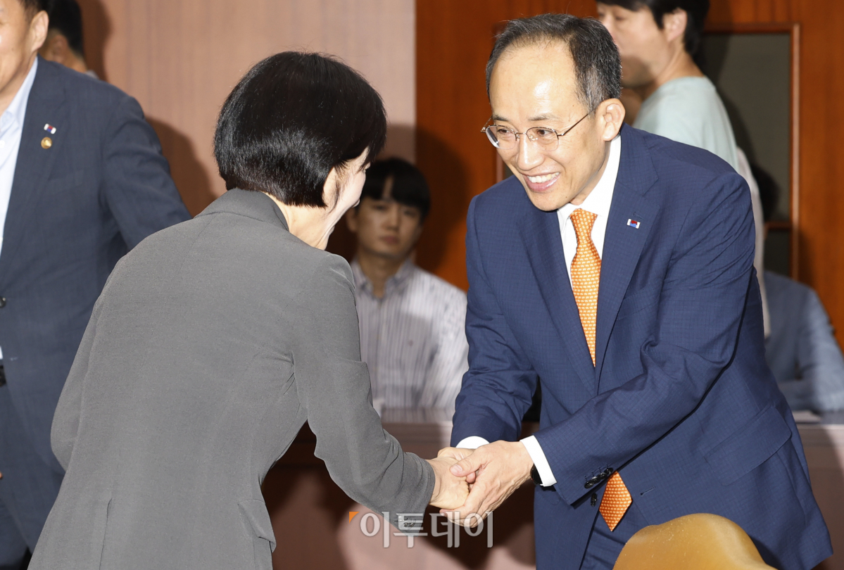▲추경호 경제부총리 겸 기획재정부 장관이 21일 오전 서울 종로구 정부서울청사에서 열린 '비상경제장관회의 겸 수출투자대책회의'에 참석하며 한화진 환경부 장관과 인사를 하고 있다. 조현호 기자 hyunho@