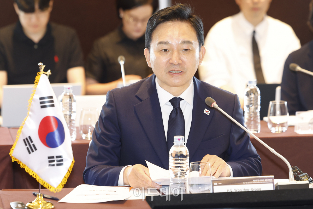 ▲원희룡 국토교통부장관이 21일 오후 서울 용산구 그랜드 하얏트 호텔에서 열린 '제9차 한-이라크 공동위원회 본회의'에서 모두발언을 하고 있다. 조현호 기자 hyunho@