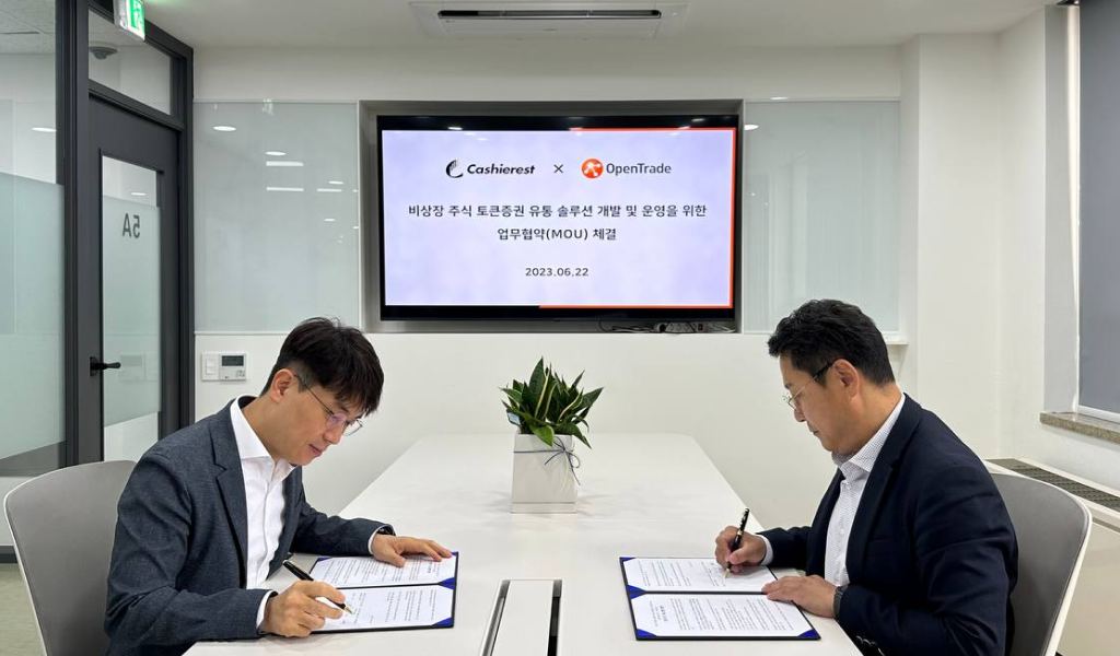 ▲가상자산 거래소 캐셔레스트(Cashierest) 운영사 뉴링크가 비상장 투자 플랫폼 오픈트레이드와 토큰증권(STO) 생태계 확장을 본격화하고 웹3 분야의 사업 협력을 위한 업무협약(MOU)을 체결했다고 23일 밝혔다. (사진제공=캐셔레스트)