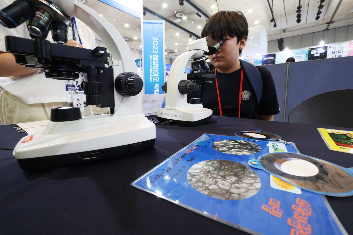 ▲28일 경기 고양시 킨텍스에서 열린 ‘2023 해양바이오 박람회’ 국립해양생물자원관 부스에서 한 학생이 목욕 스펀지로 쓰이는 해양동물을 현미경으로 관찰하고 있다. ‘바다가 꿈꾸는 내일, 미래를 만나는 해양바이오’를 주제로 29일까지 진행되는 박람회에선 국내 50개의 해양바이오 기업이 보유한 기술과 제품을 전시·홍보하고, 충청남도와 전라남도 등 4개 지자체가 공동으로 해양바이오 주요 정책과 기업 유치 활동 등을 소개하는 지역관도 운영한다. 신태현 기자 holjjak@