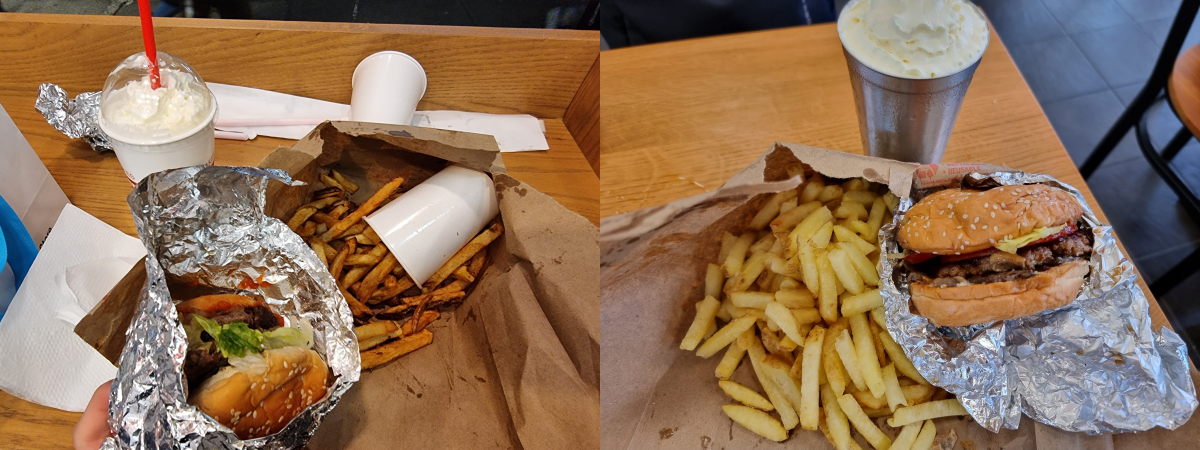 ▲왼쪽은 기자가 지난 1월 뉴욕 현지에서 구매한 파이브가이즈의 리틀 햄버거와 감자튀김, 밀크쉐이크. 오른쪽은 한국 파이브가이즈버거에서 구매한 리틀 햄버거 (구예지 기자 sunrise@)