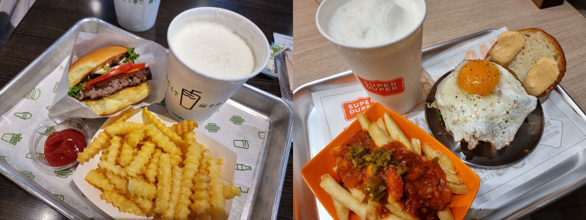 ▲(왼쪽) 쉐이크쉑 강남점의 쉑버거와 감자튀김, 바닐라쉐이크의 모습 (오른쪽)슈퍼두퍼 강남점의 베이컨 에그 온 버거와 샌프란 세트, 밀크쉐이크 (구예지 기자 sunrise@)