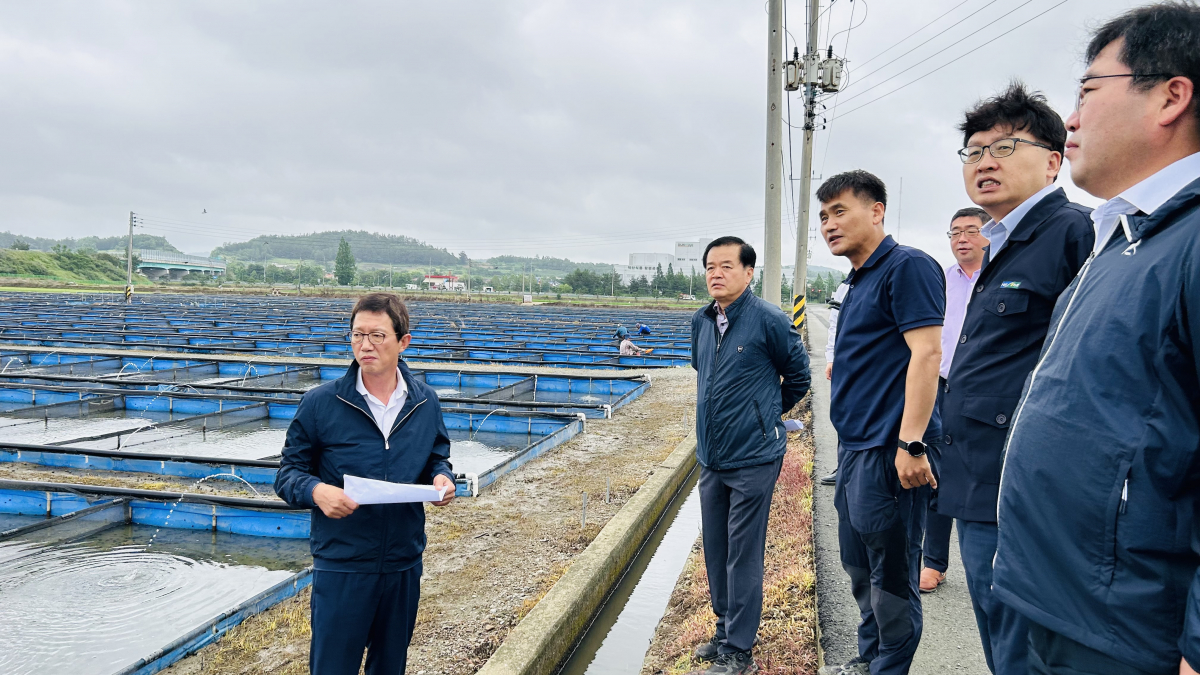 ▲농협생명이 28일 집중호우로 피해를 입은 전라남도 함평군을 찾아 현장점검을 실시했다. 사진은 윤해진 농협생명 대표이사(맨 왼쪽), 최종선 천지농협 조합장(왼쪽 두 번째)과 관계자들이 집중호우로 침수피해를 입은 친환경사업소 내 우렁이 양식장에서 상황을 점검하는 모습.