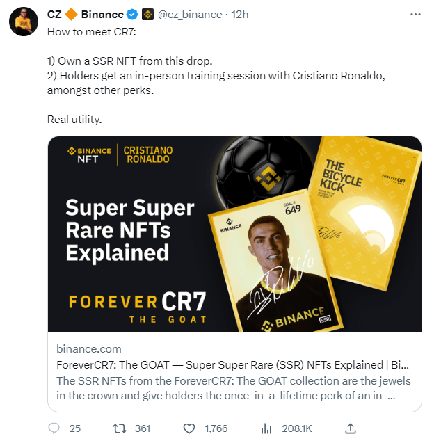 ▲창펑 자오 바이낸스 CEO는 트위터를 통해 호날두와 만날 수 있는 기회가 주어지는 NFT를 "진짜 쓸모(Real utility)"라고 홍보하고 나섰다. (출처=창펑 자오 바이낸스 CEO 트위터)