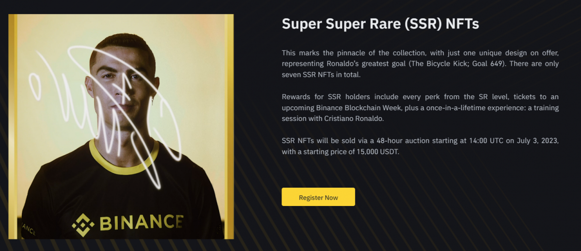 ▲호날두 NFT의 최고 등급인 SSR 등급은 보유자에 호날두와의 개인 훈련 세션 기회를 제공한다. (출처=바이낸스 NFT)