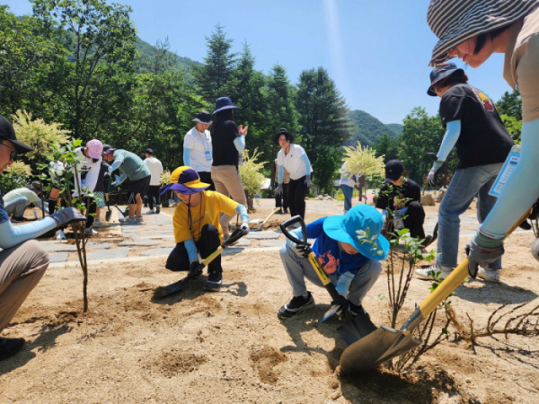▲두나무_임직원 및 가족들이 17일 국립춘천숲체원에서 진행된 나무심기 봉사활동에서 나무를 심고 있다. (사진제공=두나무)