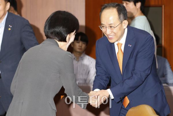 ▲추경호 경제부총리 겸 기획재정부 장관이 21일 오전 서울 종로구 정부서울청사에서 열린 '비상경제장관회의 겸 수출투자대책회의'에 참석하며 한화진 환경부 장관과 인사를 하고 있다. 조현호 기자 hyunho@