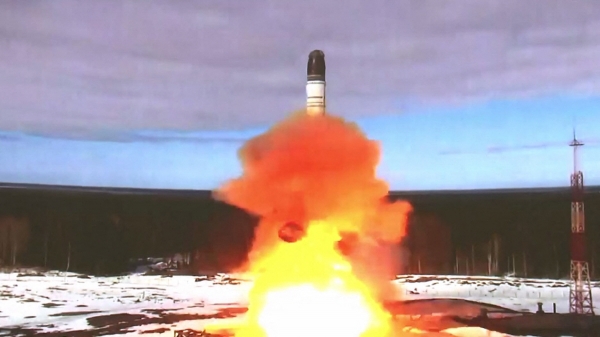 ▲러시아 국방부가 지난해 4월 20일 대륙간탄도미사일(ICBM) ‘사르마트’ 발사 장면을 공개했다. AFP연합뉴스
