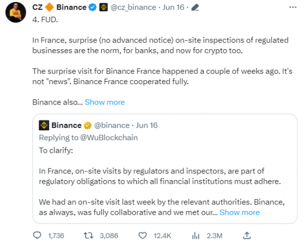 ▲창펑 자오 바이낸스 CEO는 프랑스 당국의 자금 세탁 혐의 조사와 관련해 "다른 은행과 가상자산 기업도 모두 받는 평범한 조사"라면서 "당국과도 긴밀하게 협조하고 있다"고 밝히며 '4'를 남겼다. (출처=창펑 자오 바이낸스 CEO 트위터)