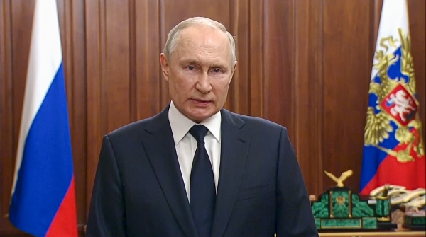 ▲블라디미르 푸틴 러시아 대통령이 26일(현지시간) TV 연설을 통해 최근 반란사태에 대해 발언하고 있다. 모스크바/AP뉴시스
