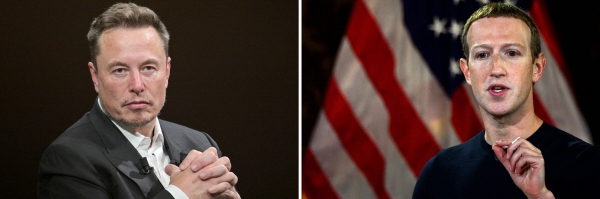 ▲일론 머스크(왼쪽) 테슬라 최고경영자(CEO)와 마크 저커버그 메타 CEO의 모습이 보인다. AFP연합뉴스
