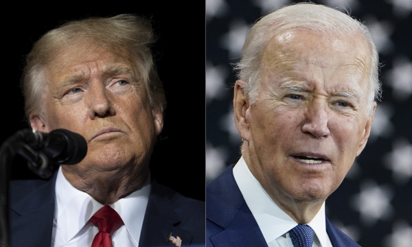 ▲도널드 트럼프(왼쪽) 전 미국 대통령과 조 바이든 대통령 사진이 보인다. AP뉴시스
