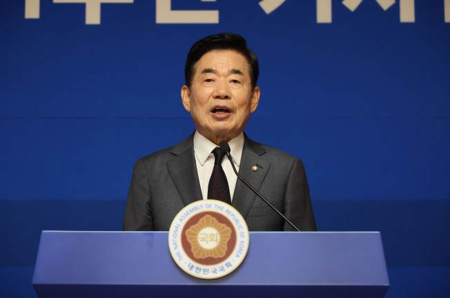 ▲김진표 국회의장이 4일 오전 국회 사랑재에서 취임 1주년 기자간담회를 하고 있다. (연합뉴스)